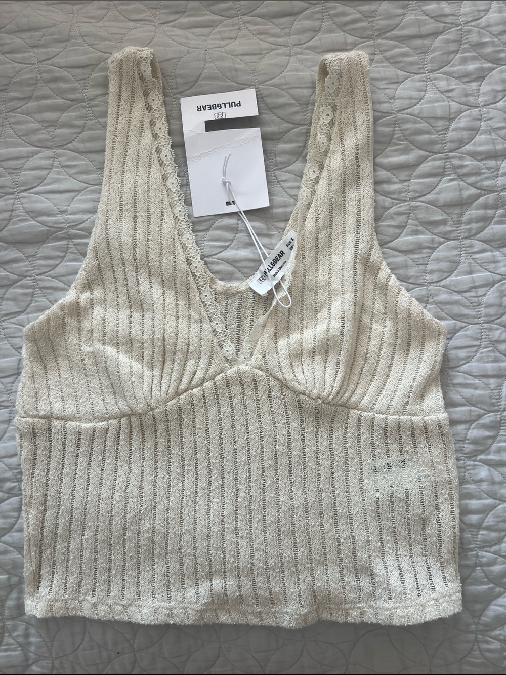 Pull&Bear Cream Ribbed V‑Neck Tank Top - Picture 2 of 5